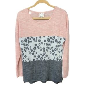 True Self Women's Pink and Gray Leopard Print Color Block Top Tunic Medium